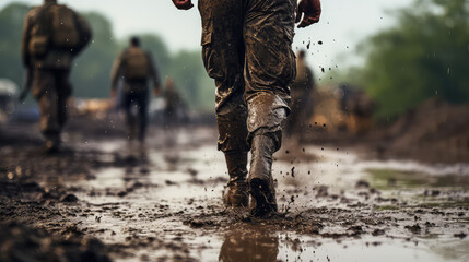 Close-up legs of military man running on wet muddy battlefield ground. Waterproof hiking shoes, military boots for all weathers.