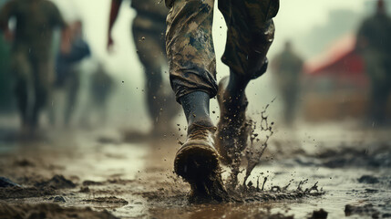 Close-up legs of military man running on wet muddy battlefield ground. Waterproof hiking shoes, military boots for all weathers. - obrazy, fototapety, plakaty