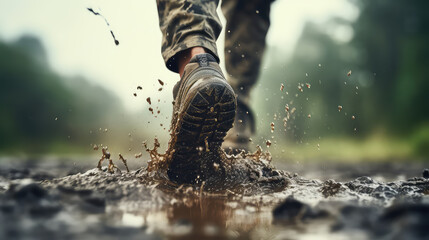Close-up legs of military man running on wet muddy battlefield ground. Waterproof hiking shoes, military boots for all weathers. - obrazy, fototapety, plakaty