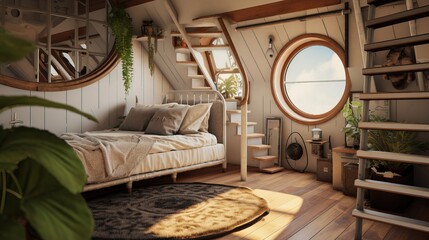 Cozy Interior Design of a Modern Childreen Room with a Porthole near the Bed with Colorful Blankets, Pillows and other Decorative Stuff. Contemporary Room. Innovative Bedroom Arrangement.