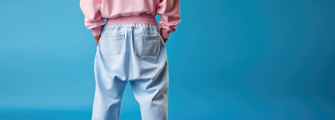 Close-up of legs in baggy street style jeans isolated on flat pastel background with copy space, cropped image. Creative concept of street style youth clothing. Pink blue colors banner. 