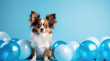 Cute little dog with holiday balloons on flat blue background with copy space. Banner or birthday invitation card template.