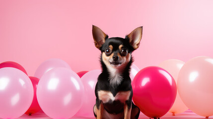 Cute little dog with holiday balloons on flat pink background with copy space. Banner or birthday invitation card template.