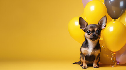 Cute little dog with holiday balloons on flat yellow background with copy space. Banner or birthday invitation card template.