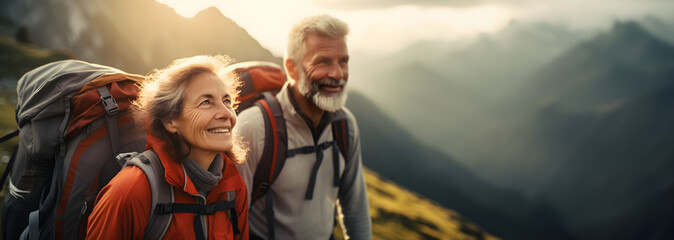 elderly couple climbing a mountain reaching the top - concept - age does not matter - obrazy, fototapety, plakaty