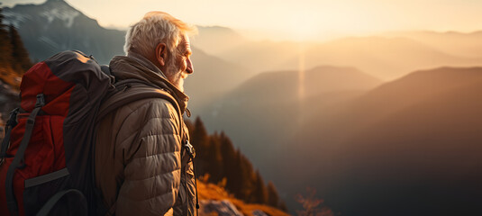 old man climbing a mountain reaching the top - concept - age does not matter - Powered by Adobe