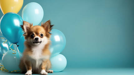 Cute little dog with holiday balloons on flat blue background with copy space. Banner or birthday invitation card template.