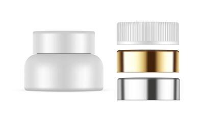 Cosmetic Cream Jar Mockup With Different Caps, Isolated on White Background. Vector Illustration