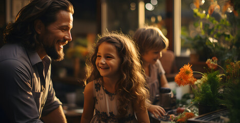 father playing with his daughter and smiling enjoying a beautiful afternoon in his garden - obrazy, fototapety, plakaty