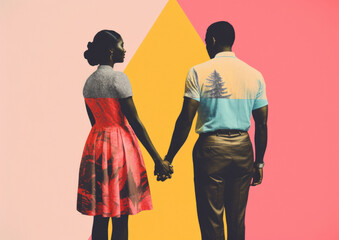 Romantic poster of a black African American couple holding hands — retro vintage style screenprint style illustration - obrazy, fototapety, plakaty