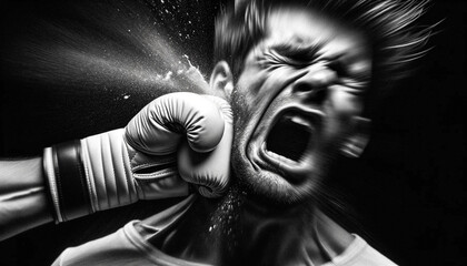 Black and White AI-Generated Boxing Knockout Photo - obrazy, fototapety, plakaty