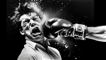 Black and White AI-Generated Boxing Knockout Photo - obrazy, fototapety, plakaty