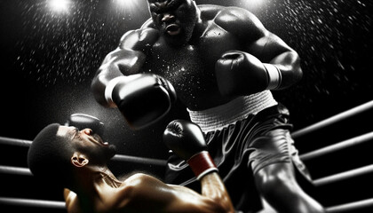 AI-Generated Boxing Knockout: Muscular Black Boxer Delivers a Crushing Blow - obrazy, fototapety, plakaty
