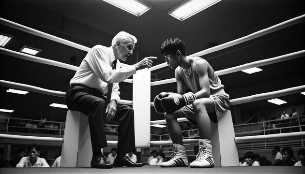 Coach Instructing Young Fighter in Black and White - AI Generated Image