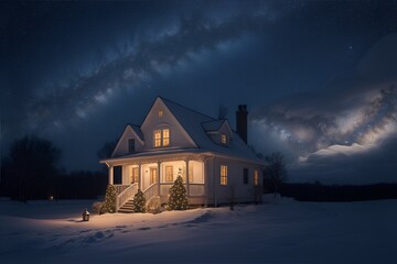 house in snow with christmas tree and milky way starry night sky in background