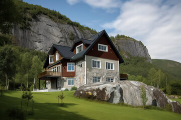 Rustic Mountain Haven: A Serene Stone and Wood House Nestled Amidst Lush Greenery on the Hillside, ai generative