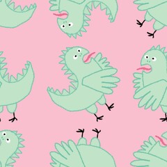 Cartoon retro dragon seamless scribble monsters Middle Ages chicken pattern for Christmas wrapping paper