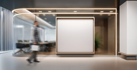 corporate branding logo white blank billboard or picture frame mockup with modern business offices wall entrance or meeting room reception background, business man passing in motion blur