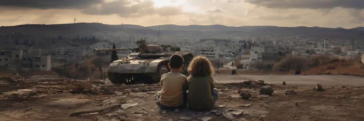 Foto op Plexiglas kids sitting in front of city burned destruction of an war invasion conflict, military tank fire and smoke of political world war against children innocence concept as banner with copyspace © sizsus