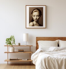 Interior of a bedroom with white walls, wooden floor, white bedside tables and a vertical poster. 3d rendering mock up