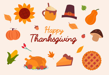 Thanksgiving day vector elements. Traditional pie, turkey, pumpkin, corn, acorn, hat, mushroom, coffee, etc. 