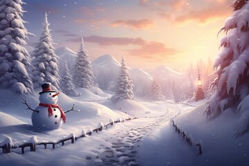 A snowman's journey through a winter landscape. light backgroud, genereative ai