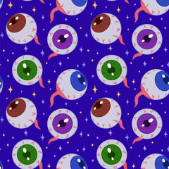 Seamless vector pattern with eyes on a blue background. Scary eyes for Halloween party decoration. A banner, poster or postcard for an October party. Halloween pattern background.