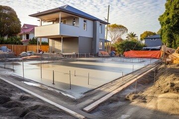 Fototapeta premium Constructing residential house: pouring, leveling new concrete slab in Melbourne, Australia. Generative AI