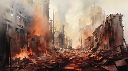 City destroyed by war, burning buildings in ruins, debris and rubble filled streets, smoke and dust fills the air, unimaginable suffering and despair.   - obrazy, fototapety, plakaty