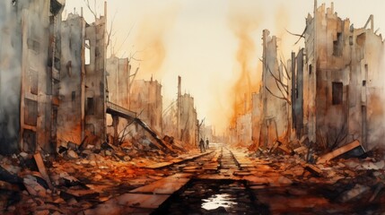 City destroyed by war, burning buildings in ruins, debris and rubble filled streets, smoke and dust fills the air, unimaginable suffering and despair.   - obrazy, fototapety, plakaty