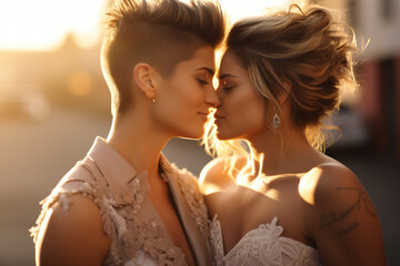 Lesbian couple embracing for the marriage. Two girls have a love, lgbtq, married wedding, girlfriend couple, pride month homosexual relationship hugs wedding dress. - obrazy, fototapety, plakaty