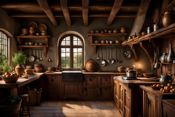 old rustic kitchen with old wooden furniture with vegetables on a table, herbs in pots and jars on shelves - obrazy, fototapety, plakaty