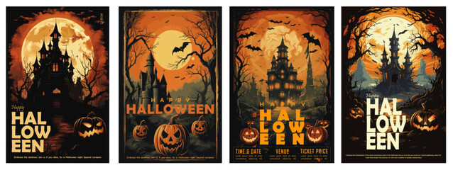 happy halloween. set of 4 retro style halloween poster, ghost, pumpkin, posters, flyer, card, vector