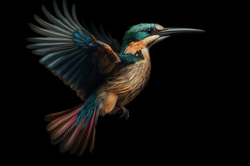 A vibrant bird soaring with its beak and wings extended, against a dark backdrop. Generative AI