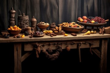 Wooden table adorned with dried fruits. Generative AI