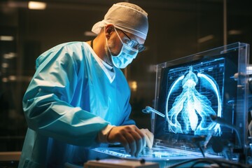 Futuristic medicine surgery treatment scientific technology, hologram, dna screen virtual reality highly scientific achievement, technological digital holographic plate represented body, heart lungs,