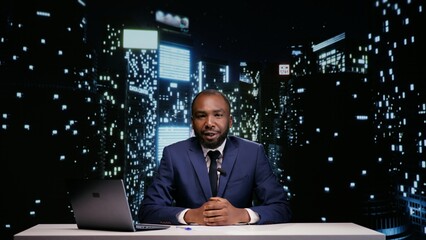 Happy tv host starting night talk show in newsroom, presenting world news and daily events live....