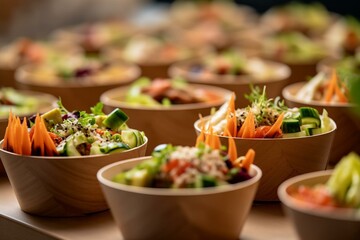 Food festival with vegetable salads in kraft paper plates sold at local market, offering catering service. Generative AI - obrazy, fototapety, plakaty