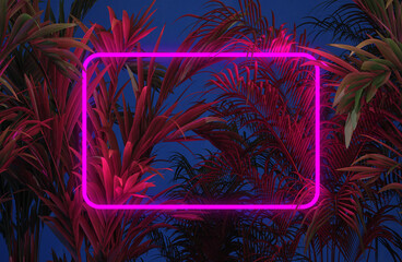 Glowing border with purple light in the night tropical forest. Mockup with tropical leaf background