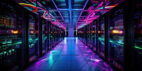 Rare view inside a high-tech server room with multicolored led lights , concept of Data processing