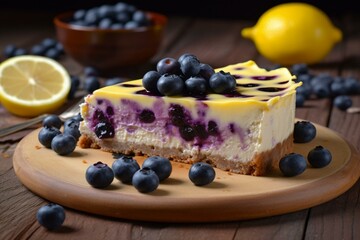 A delicious, homemade slice of flavorful blueberry lemon cheesecake. Generative AI