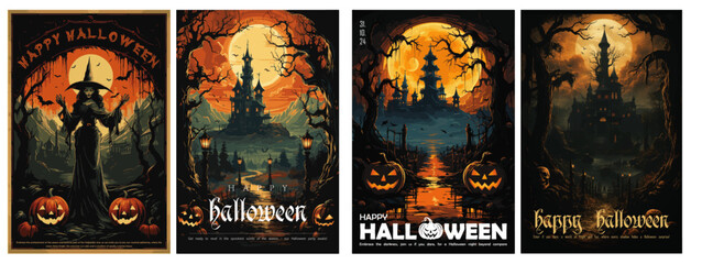 happy halloween. set of 4 retro style halloween poster, ghost, pumpkin, posters, flyer, card, vector