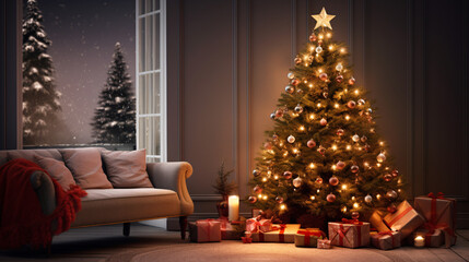 Fototapeta premium Beautifully decorated Christmas home, with bokeh lights and window 