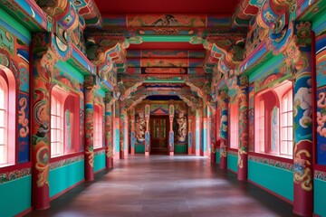 A Korean palace with ornate details and vibrant hues. Generative AI