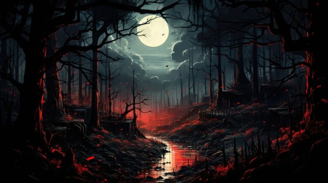 A painting of a dark forest with a full moon in the background. AI.
