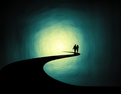 A couple, a man and a woman, walk a path into a tunner of light with a bright light at the end in a 3-d illustration about the journey of life and what lies ahead.