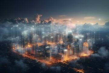 Futuristic cityscape with IoT, cloud computing, and holograms. Generative AI