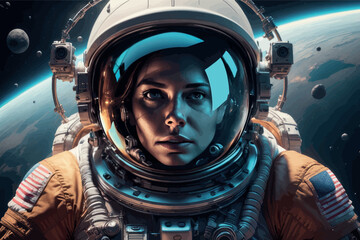 woman with astronaut in space. woman with astronaut in space. astronaut in outer space and space exploration.