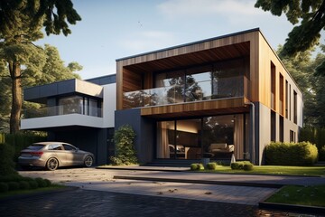 Fototapeta na wymiar Contemporary single-family house/villa with car and garage. Generative AI