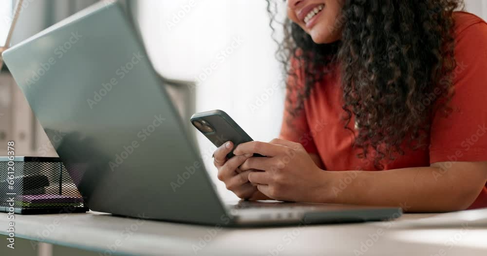 Aufkleber phone, laptop and woman in the office networking on social media, mobile app or the internet. resear